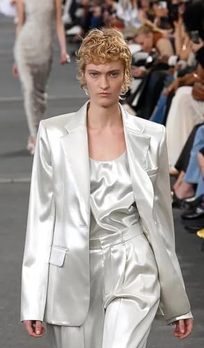 HZUOU Satin Silk Women Pants Suits 2 Pieces Mother of Bride Wedding Blazer Tuxedos Ladies Office Work Wear Outfits HZH544