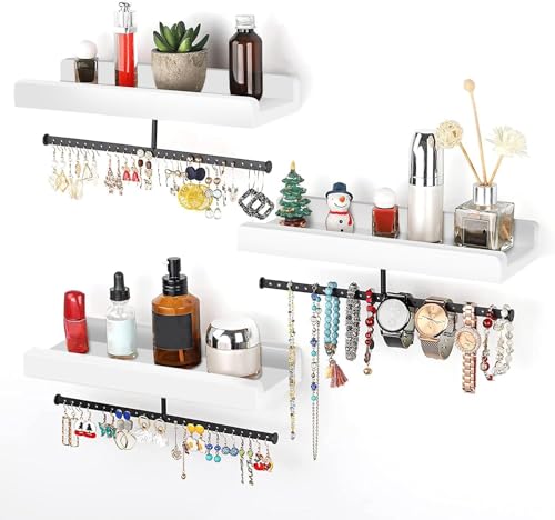 Emfogoo Porte Bijoux Murale, Rangement Bijoux et Etagere Murale Bois 2 en 1, Presentoir Bijoux Mural de Rangementen Maximal 20Kg, Arbre a Bijoux pour Collier,...