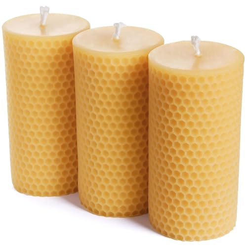Bougie pilier en cire d'abeille lot de 3 bougies jaunes naturelles de 5x10 cm pour la maison