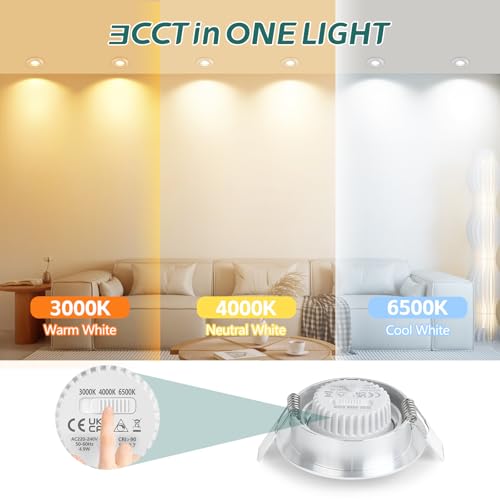KYOTECH LED Einbaustrahler Dimmbar 230V 68-75mm, 5W 550LM Austauschbare Lichtquelle Deckenspots 3000K/4000K/6500K, 45° Schwenkbar Einbauleuchten, IP44 Einbauspots für Badezimmer, Alu Gebürstet 6er Set