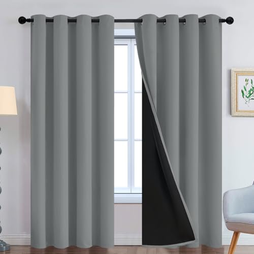 Image of Yakamok Dove Grey 100% Blackout Curtains 96 Inches Long 52 inch Wide 2 Panel | Blackout Curtain Panels for Bedroom, 2 Thick Layers Grommet Top Thermal Insulated Drapes with Black Liner for Living Room