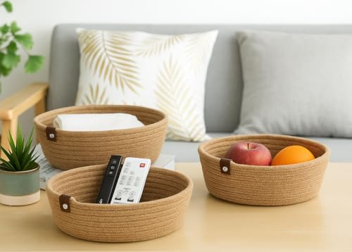 Image of 100% Natural Jute small box mini rope paper storage Round hamper baby nursery tray bucket for Living Kitchen, Drawing Room,fruits, kitchen, office, (beige bowl)