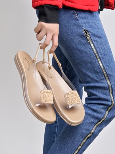 Image of Shoetopia Women's Transparent Slingback Sandals with Beaded Embellished Strap - Casual Flat Comfort Footwear