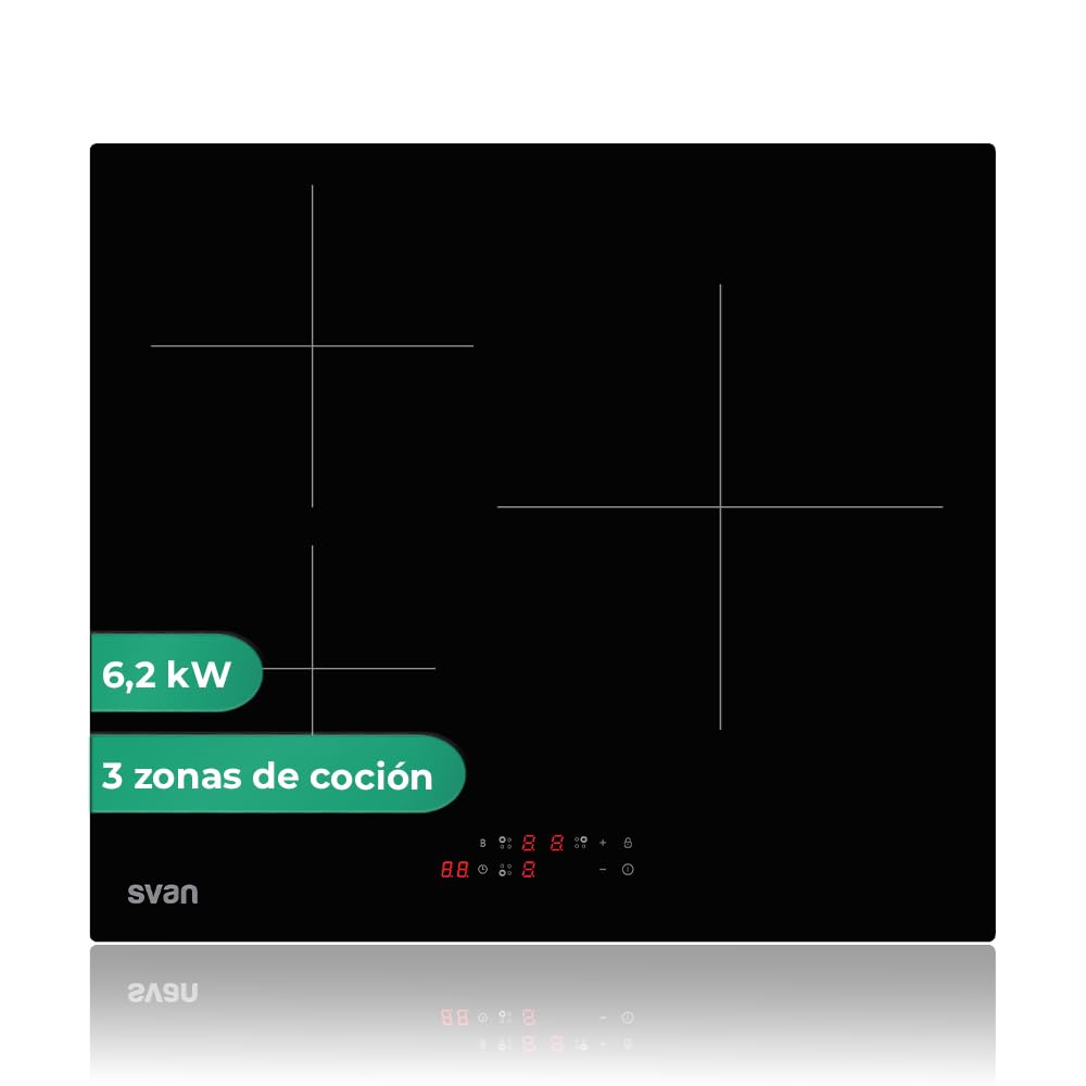 Svan Placa de Inducción Cristal negro SI3602B. Potencia máx. 6200 W, 3 Zonas de Cocción, 9 Niveles de Cocción, Control Táctil, Bloqueo y Autodesconexión de Seguridad