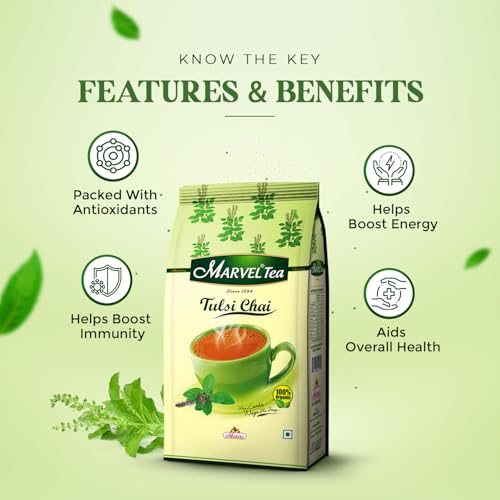 Image of Marvel Tulsi Tea 250gm, Classic Loose Tea, Handpicked Strong Healthy Kadak Chai with Basil From Assam & Darjeeling, Refreshing Aroma & Rich Taste