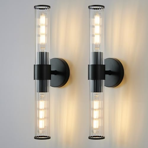 Image of Bathroom Light Fixtures 2 Pack Hardwired, Black Wall Sconce Threaded Glass Vanity Light Featuring Two E26 sockets, Bathroom Wall Light Dimmable - Bulb Not Included, UL Certification