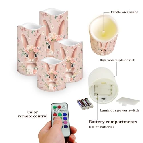 Image of Cute Bunny Pink Floral Plastic Flameless Candles with Remote Control and Timer LED Flickering Battery Operated Color Changing Electric Pillar Candles Easter Decoration