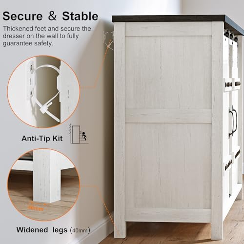 48 Farmhouse Buffet Cabinet with Sliding Barn Doors & Drawers in White for Kitchen, Dining Room, Living Room