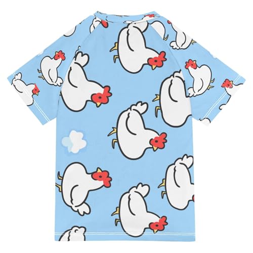 Boys Short Sleeve T-Shirts Chicken Cartoon Blue Rashguard Kids Swim Shirts Sun UPF 50+2