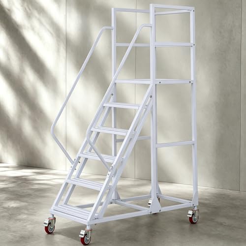Image of 6-Step Rolling Warehouse Step Ladder, Lockable Wheels, Non-Slip Wide Steps, Dual Handrails, Movable Platform Ladder, Rolling Stairs for Warehouse, Supermarket, Library (White, 6 Steps)