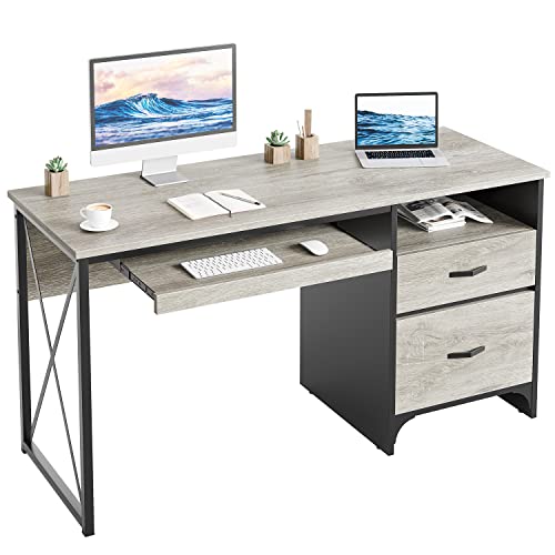 Bestier Office Desk with Drawers, 55 inch Industrial Computer Desk with Storage, Wood Teacher Desk with Keyboard Tray & File Drawer for Home Office, Light Gray Oak