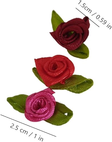 Miniatura 2 de Mini rosas de cinta para coser manualidades, paquete de 100 rosetas artificiales de tela con hojas verdes para decoración de manualidades,