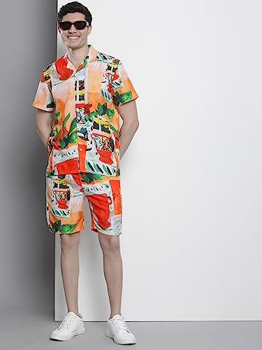 Image of The Indian Garage Co Men Regular Fit Tropical Print Resort Wear Boxers & Shirt Co-ords Set