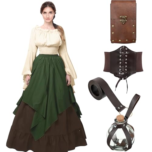 OGMBI Mittelalter Kleidung Damen Set, Renaissance Kleid mit Beutel, Korsett, Gürtel & Flasche, Viktorianisches Kostüm für Karneval, Halloween,...