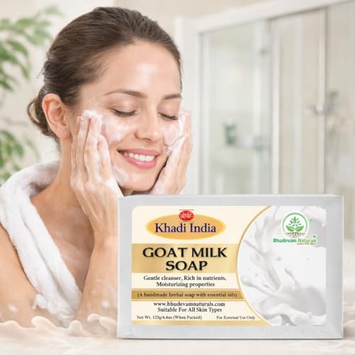 Image of Khadi Luxurious Handmade Pure and Natural Goat Milk Soap for Bathing and Skin Whitening By Bhudevam Naturals | Handmade Bathing Bar with Antioxidants for Healthy Skin | Suitable for All Skin Types (Pack of 5)