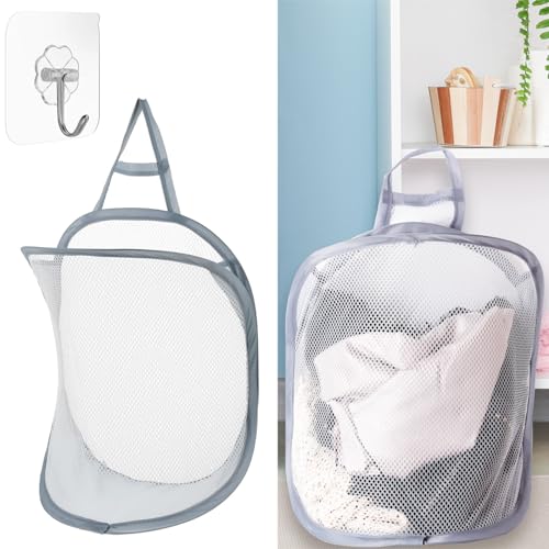 Hanging Laundry Bag Space-Saving Laundry Bag Small Hanging Clothes Hamper Baskets Mesh Collapsible Door Laundry Hamper Hanging Laundry Hamper Hanging Laundry Basket for Home (1hook + 1storage basket)