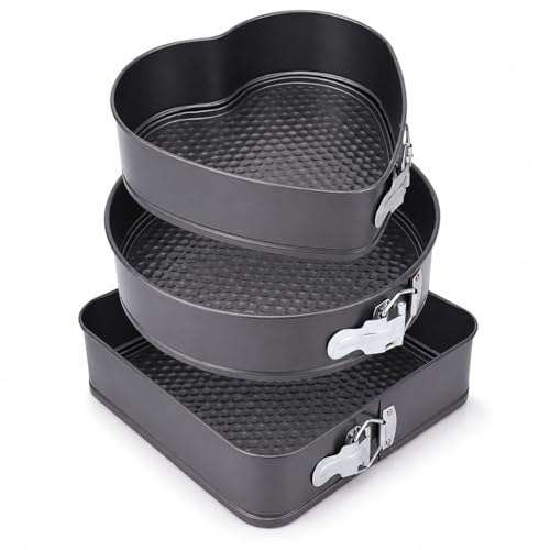 Springform Cake Tin Set of 3 Non-Stick Loose Bottom | 8 Heart 9 Round 9.5 Square (20/22/24 cm) for Cheesecake Traybakes | Carbon Steel Leak-Resistant