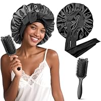 Seidenhaube zum Schlafen mit Haarschutz Doppelseitige Schlafhaube Seide ,mit neuem Lockenkamm Lange Haare & Locken, geeignet langes und lockiges Haar, Seiden-Schlafmütze Bindeband, Damen (Schwarz)