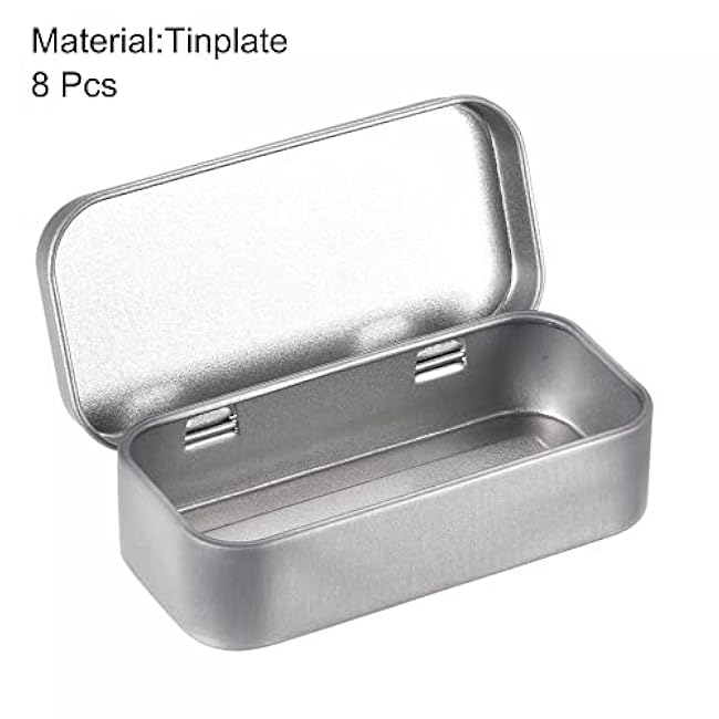 uxcell Metal Tin Box, 8pcs 3.15 x 1.5 x 0.79 Rectangular Empty Tinplate Storage Containers with Hinged Lids, Silver Tone