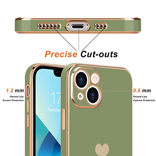 Teageo iPhone 13 Case for Women - Cute Love-Heart Bling, Soft Silicone Bumper, Camera Protection, Light Green