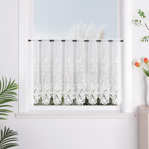 Yujiao Mao 1er Pack Halbtransparent Besticke Weiß Blumen Scheibengardine Küchen Vorhang Tür Gardine J13 HxB 60cmx150cm