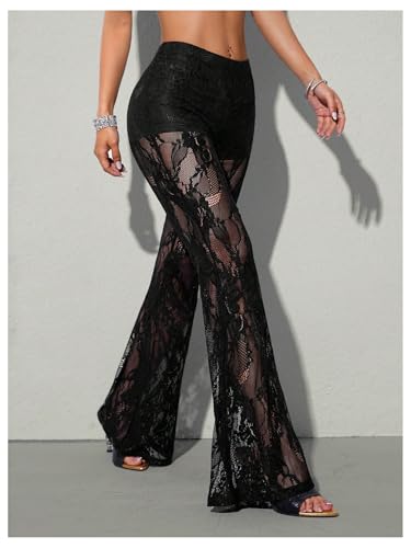 GORGLITTER Women's Gothic Lace Pants Sheer Mesh Flare Pants High Waisted Long Trousers Bell Bottoms3