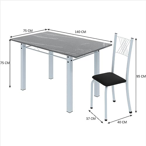 Conjunto de Jantar Mesa 140x75cm Tampo de Granito Topázio com 6 Cadeiras Sara Preto Liso/Branco
