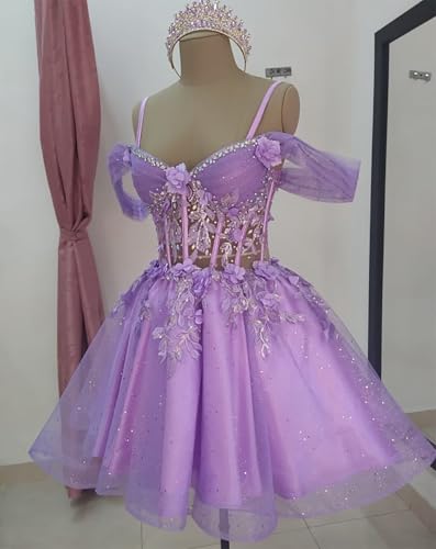 TRHTX Floral Flowers Tulle Homecoming Dress for Teens Off Shoulder DAMA Dresses Sparkly Beaded Graduation Dress2