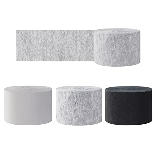 Image of Black White Silver Party-Decorations Streamers - 9 Rolls Graduation Men Boys Birthday Crepe Tissue Paper Streamer Banner, Wedding Baby Bridal Shower New Years Garland Decor Panduola