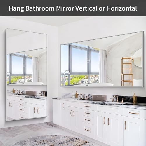 Image of COFENY 36x72inch Bathroom Mirror, Silver Rectangle Mirror with Thin Metal Frame, Large Rectangular Wall Mirrors for Bathroom, Living Roomm, Hair Salon, Big Farmehouse Mirror Hang Horizontal /Vertical