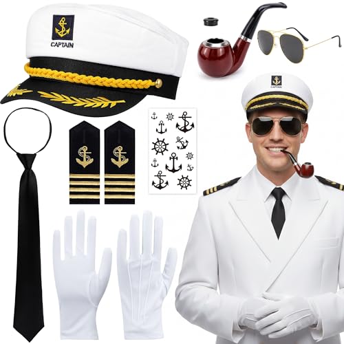Xietaea Yacht Kapitän Kostüm Zubehör Set - 7 Stück Accessories mit Verstellbare Kapitänsmütze Sonnenbrille Handschuhe Schulterklappen Tattoo für Erwachsene Karneval Cosplay Thema Party