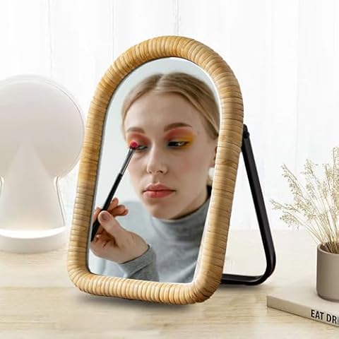 HuiDao Vanity Table Mirror, Ratten Framed Desk Makeup Mirror with Stand, Oval Boho Dresser Mirrors for Tabletop, Bedroom, Bathroom, Living Room, Antique 10.8'' x 7'' (Arched) Cover