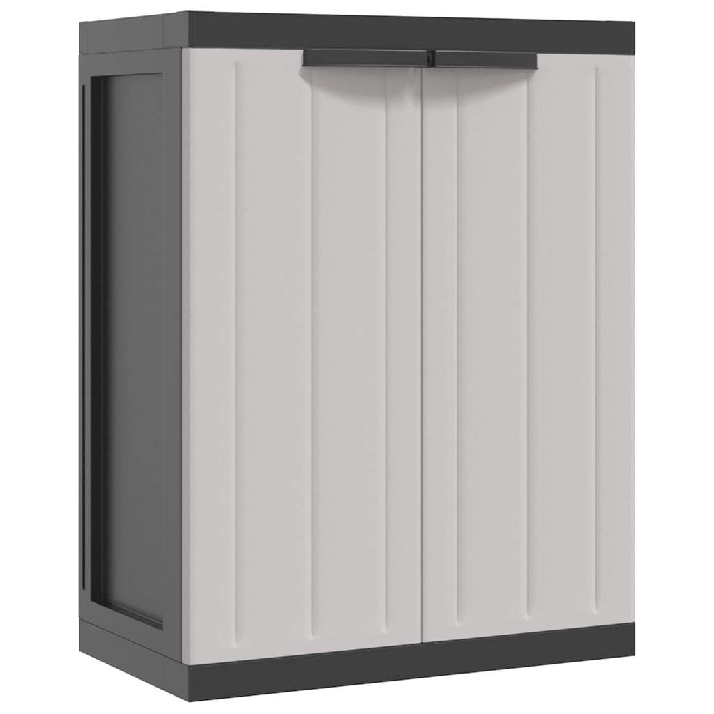 Gartenschrank Grau und Schwarz 65x37x85 cm, Robuster Geräteschrank aus PP-Kunststoff mit verstellbarem Einlegeboden, Abschließbarer Balkonschrank für Garten und Terrasse