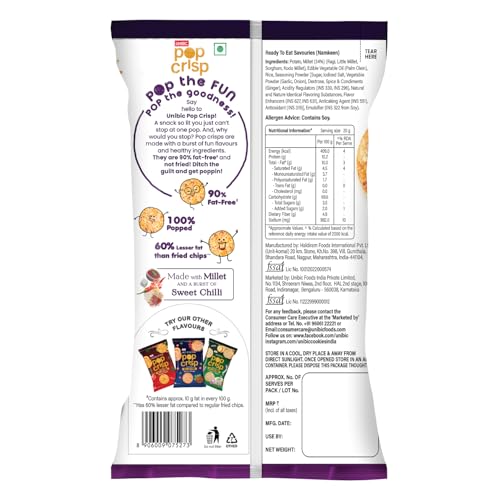 Image of UNIBIC Pop Crisp I Millet Chips I Sweet Chilli I Popped Chips I | Not Baked Not Fried |90% Fat Free | Low Calorie | Healthy Snacks | 40 Grams (Pack of 2)