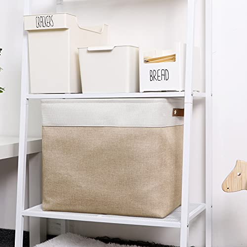 Image of DULLEMELO Large Collapsible Storage Basket /Bin with Sturdy Leather Handles, Fabric Organizer Bin for Storage Clothes, Toys, Books, Office, Bedroom, Closet, Nursery & Laundry (White&Khaki)