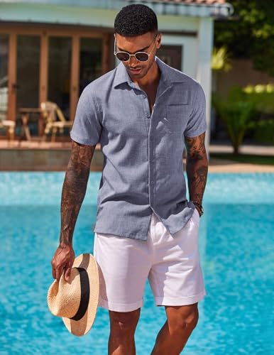 Image of COOFANDY Men's Button Down Shirts Short Sleeve Casual Shirts Summer Beach Linen Shirts with Pocket