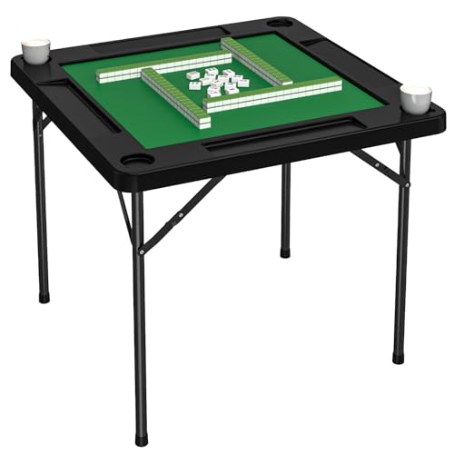 HXBOAUVS Mahjong Table 35.4 Square Folding Card Table with Green Felt Chip Trays 4 Cup Holders Multi-Game Domino and Poker Tables for 4 Players Foldable Tables for Jigsaw Puzzles Black