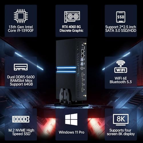 Image of Thdeukoty Mini Gaming Pc Core i9-14900F(up to 5.8GHz) with RTX4060, Small Desktop Computers Win 11 Pro, 64G DDR5 RAM /4T M.2 SSD /WIFI6E /BT5.3 /Dual LAN /USB 3.2 /8K HDMI DP, Four Display for Game /Design