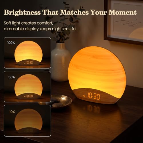Image of REACHER Natural Wood Grain Sound Machine Sunrise Alarm Clock，26 Nature Inspired Sleeping Sounds, 0-100% Dimmable Clock, Night Light,Brown /Pink /White Noise Sound Machine for Babys, Kids, Adults