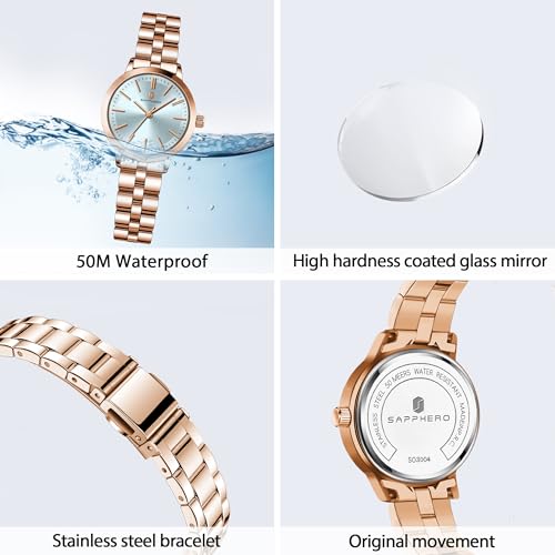 Image of Sapphero Ladies Watch Easy to Read Wristwatch, Women's Quartz Watch with Stainless Steel Strap, 5 ATM Waterproof, Classic Elegance Women Business Waterproof Watch