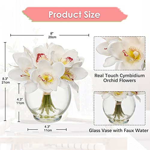 Oairse Artificial Orchid Flowers in Vase Real Touch White Faux Cymbidium Orchid Arrangement with Glass Vase Fake Water Decorative Artificial Flowers for Home Decor Table Centrepiece Living Room Office - Image 2