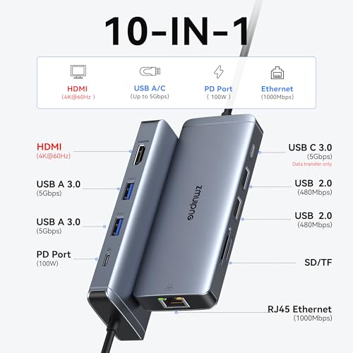 Image of USB C Hub Ethernet USB-C Adapters for MacBook Pro /Air with HDMI 4K@60Hz | Mac Dongle with USB Port, 10 IN 1 USBC to HDMI Adapter 4K, USB C to Ethernet, 100W PD, USB-C to SD /TF Card Reader Dongle Hub