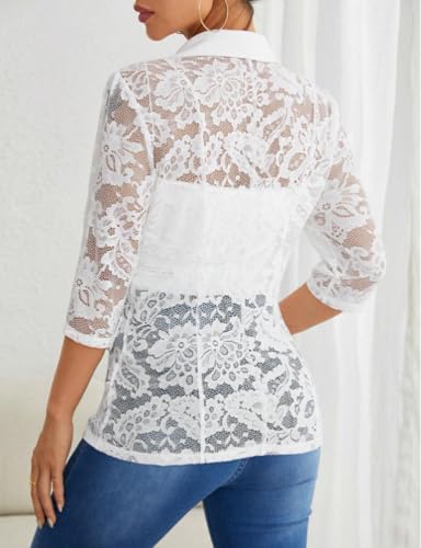 IDEALSANXUN Lace Blazer Jackets for Women Spring Summer Suit 3/4 Sleeve Casual Mesh Button Down Blazers2