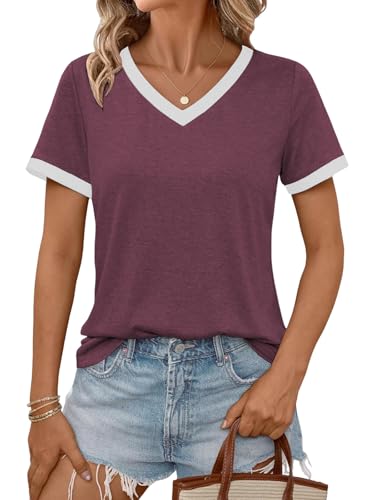 Cuptacc Shirts Femme Été Tee Shirt Sport Femme Joli Top Fashion Blouse Élégant Haut pour L'été Tunique Chic Bordeaux XL 46-48