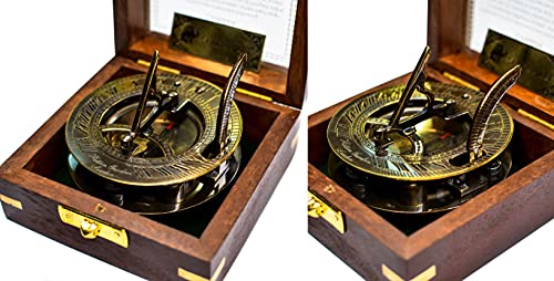 SAILOR'S ART Hatton Garden London Antique Brass Sundial Watch Compass Box with Wooden Box, Antique Items, Direction Compass