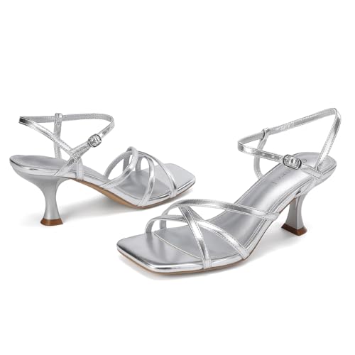 Women's Kitten Heels Strappy Square Open Toe Heels for Women Mid Ankle Strap Heeled Sandals3