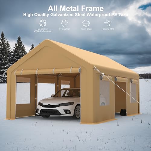 Heavy Duty Carport, Portable Garage with 4 Doors & 4 Window,Upgraded Carport with Reinforced Steel Poles, Uv Resistant All-Season Waterproof Tarp, for Car, Truck, Boat