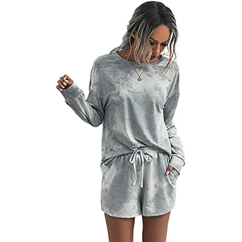 Milumia Women's Two Piece Outfit Tie Dye Long Sleeve Sweatshirt and Track Shorts Set, Light Grey, S Cover