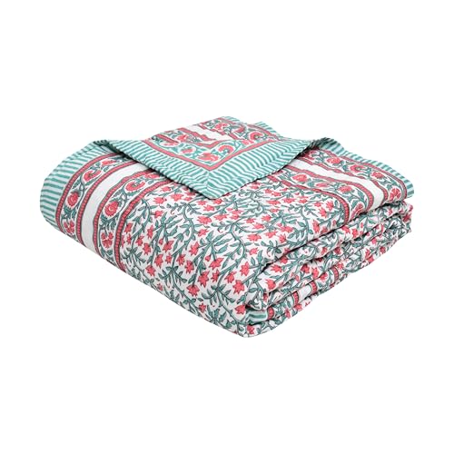 Image of BLOCKS OF INDIA Cotton Single Size Quilt Hand Block Print for Light Winters (60x90 Inches) (Turq Pink JAAL)-300 TC