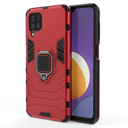 YIKLA Hülle für Samsung Galaxy M32, TPU/PC Stoßfest Schutzhülle mit 360 Ring Ständer, Hybrid Heavy Armor Hard Cover Case - Rot Cover